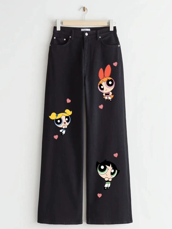 BLACK POWER PUFF GIRLS WIDE LEG JEANS - THE VOGUE APPARELS