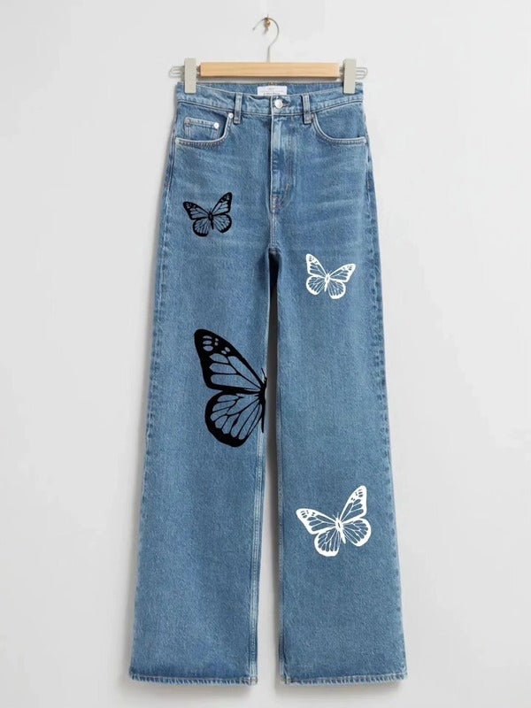 MID BLUE BUTTERFLY WIDE LEG JEANS - THE VOGUE APPARELS