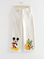 WHITE MICKEY AND GOOFY WIDE LEG JEANS - THE VOGUE APPARELS